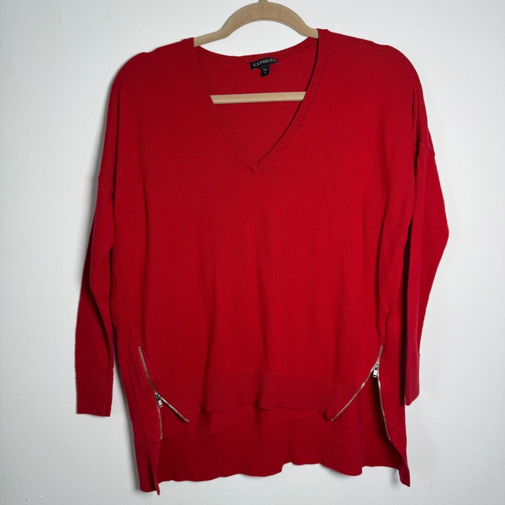 Express Red V Neck Long Sleeve Sweater with Zipper Detail XS